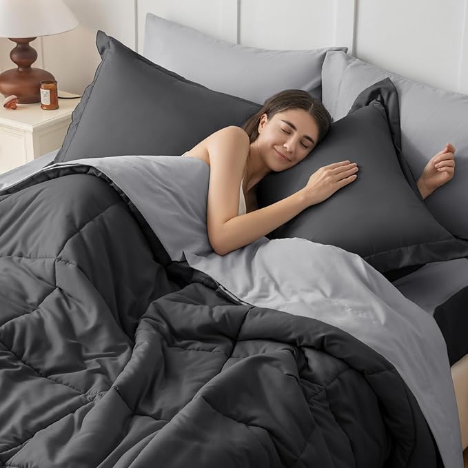 JOLLYVOGUE Full Comforter Set, Ultra-Soft Bed in a Bag Full Size 7 Pieces, Oeko-TEX Certified Bedding Set with Down Alternative Comforter, Sheets, Pillowcases & Shams, Dark & Light Grey