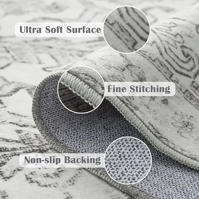 jinchan Lima Hallway Runner Rug 3x8 Washable - Vintage Floral Non Slip Low-Pile Soft Ultra-Thin Faux Wool Kitchen Rug Distressed Carpet Runner for Farmhouse Bedroom Laundry (3x8ft, Grey)