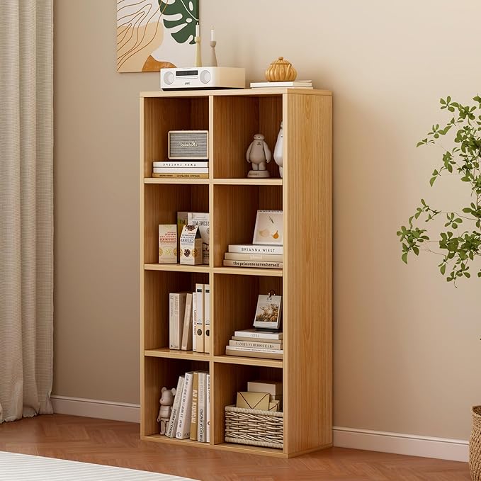 OSCHF 8-Cube Storage Shelf Bookcase - Wooden 4-Tier Floor Standing Open Bookshelf for Home and Office, Display Cabinet, Oak
