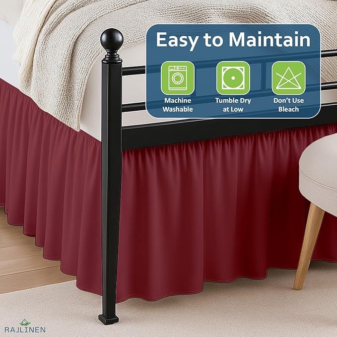 Rajlinen Ruffled Bed Skirt Twin XL, 24 Inch Drop Dust Ruffle with Split Corners, 100% Microfiber Bedskirt with Platform, Three-Sided Coverage Ruffled Gathering Design, Burgundy