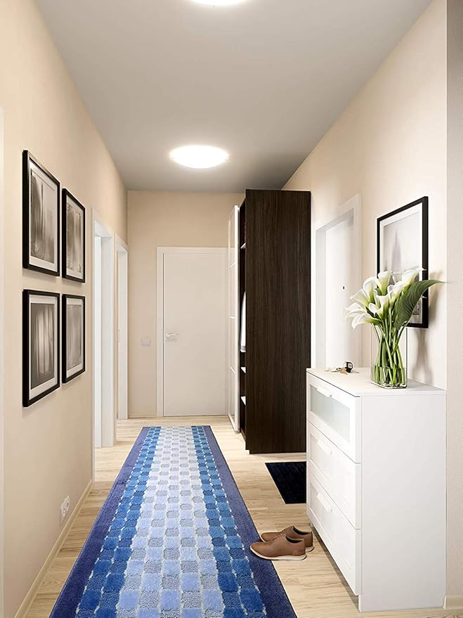 Custom Length Hallway Runner Rug,Slip Resistant,Checkered Blue, 26 Inch X 8 feet, Sold and Priced Per Foot