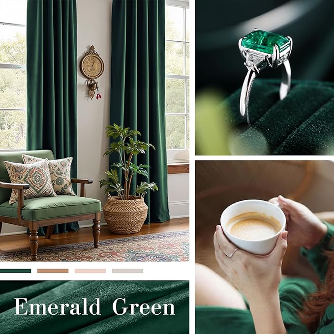 Lazzzy Velvet Blackout Curtains Thermal Insulated Room Window Drapes Super Soft Luxury Curtains for Living Room Bedroom Rod Pocket 2 Panels, Emerald Green, 42" W x 90" L