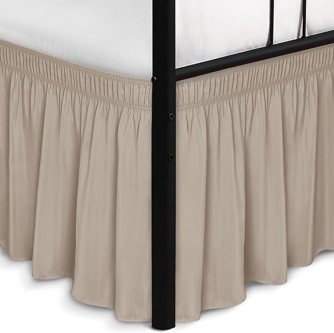 Biscaynebay Wrap Around Bed Skirts with Split Corners for Queen Beds 16" Drop, Light Camel Elastic Dust Ruffles Adjustable Easy Fit Wrinkle & Fade Resistant Silky Luxurious Fabric Machine Washable