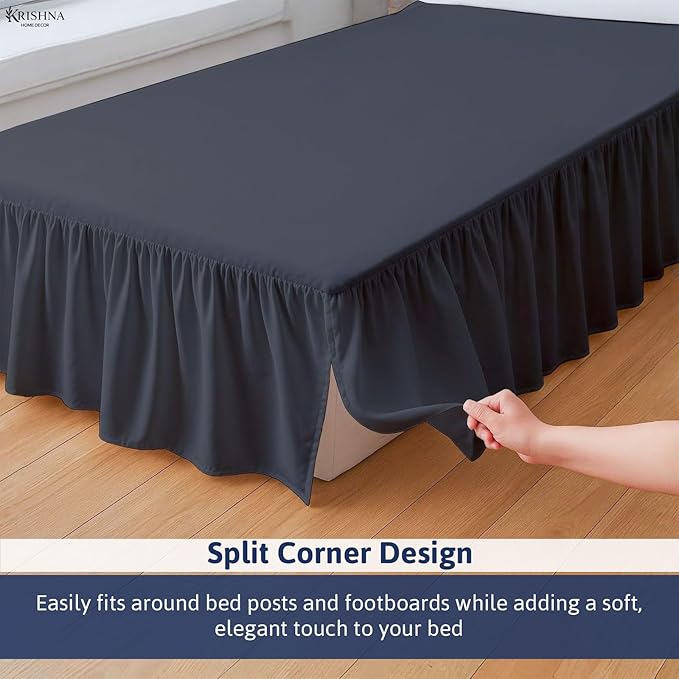 KRISHNA Ruffled Bed Skirt with Split Corners Full, 100% Microfiber Hotel Quality, 10 Inch Drop Dust Ruffle Gathered Bedskirt with Platform, 54" x 75", Dark Grey