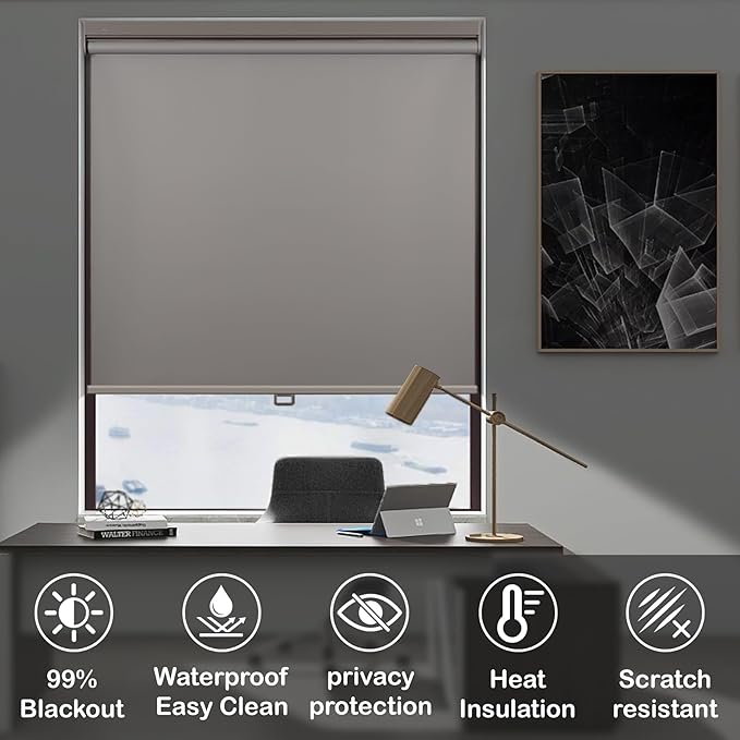 HESTIA No Drill Cordless Blackout Roller Shades Screwless Waterproof Shower Window Blinds, Auto-Retraction Easy Install Blind for Bathroom/Kitchen/Office/Exterior, Grey, 25" W x 72" H