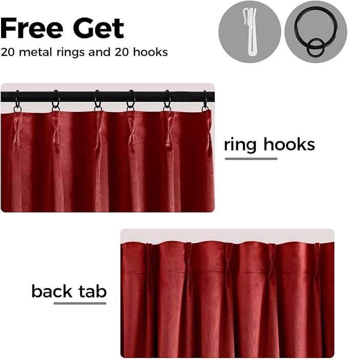 Pinch Pleated 100% Blackout Curtains for Bedroom, Red Velvet Curtains for Living Room, Black Out Curtain 86 inch Long Room Darkening, Blackout Pinch Pleat Drapes with Hooks 2 Panels