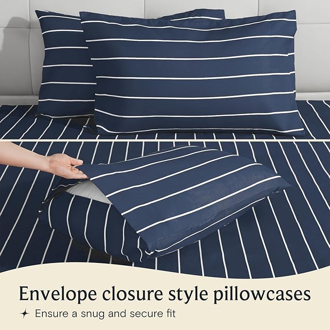 LuxClub 4 PC California King Sheet Set, Deep Pockets Wrinkle Free Cooling Bed Sheets Hotel Bedding for Women, Men, Includes 1 Fitted Sheet, 1 Flat Sheet and 2 Pillowcases-Striped - Navy