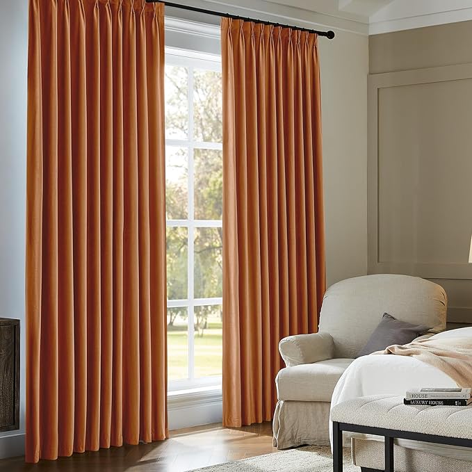 Pinch Pleated 100% Blackout Curtains for Bedroom, Yellow Velvet Curtains for Living Room, Black Out Curtain 86 inch Long Room Darkening, Blackout Pinch Pleat Drapes with Hooks 2 Panels