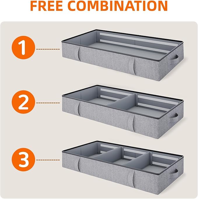 Vailando Storage Containers, 6 Inches Tall 60L Underbed Storage Bins with Dividers & Sturdy Handles & Reinforced Sidewalls, Closet Organizer for Clothes, Blankets, Seasonal Items, Dark Gray, 2-Pack