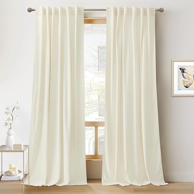 RYB HOME Cream White Velvet Curtains 92 inches, Back Tab Soft Fabric Room Darkening Thermal Insulated Luxurious Home Decor Curtains for Living Room Bedroom, W 52" x L 92", 2 Panels Set