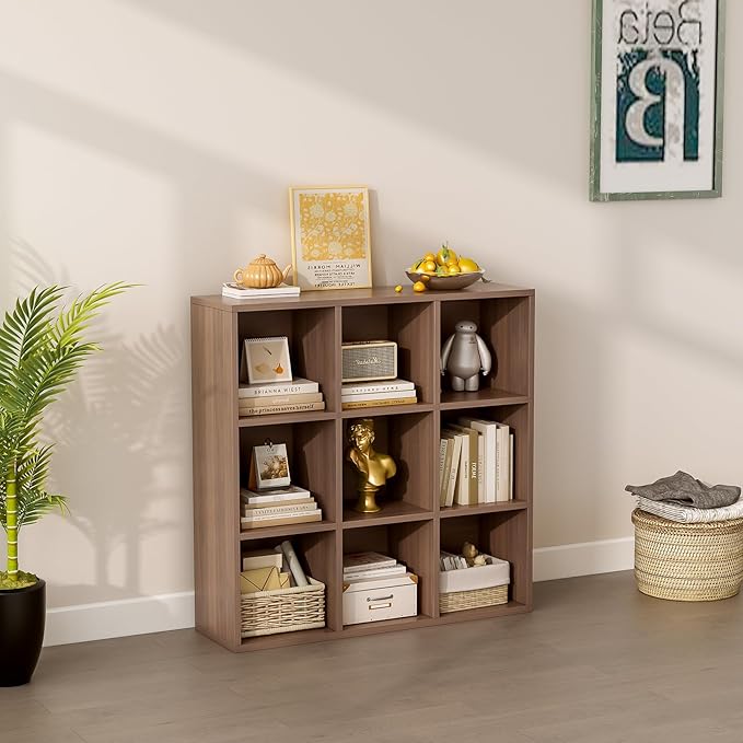 OSCHF 9-Cube Storage Shelf Bookcase - Wooden 3-Tier Floor Standing Open Bookshelf for Home and Office, Cuby Orgainzer, Walnut