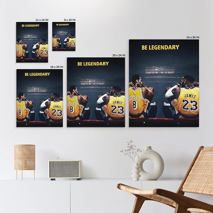 Kobe Bryant and LeBron James Canvas Wall Art Print Poster, Be Legendary Inspirational Sports Picture Artwork, Motivational Mamba Mentality Wall Decor for Home Office Gym Living Room, Framed 16x20inch