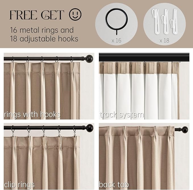 Topfinel Pinch Pleated Curtains 96 Inch Long, 100% Blackout Thermal Insulated Brown Natural Linen Pinch Pleat Viral Drapes with Hooks Rings 2 Panel Sets, Taupe Tan 8FT Back Tab Window Curtains