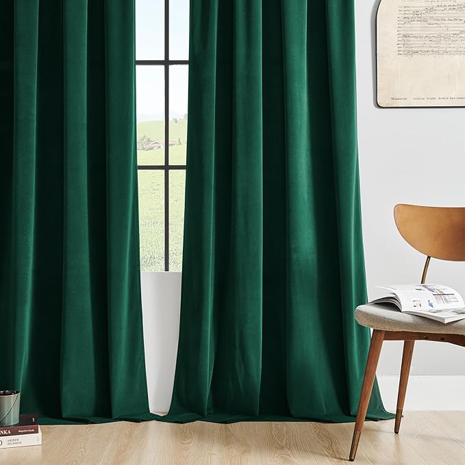 Joydeco Dark Green Velvet Curtains 63 inch Length 2 Panels Burg Set, Luxury Rod Pocket Thermal Insulated Window Blackout Curtain, Room Darkening Drapes for Living Dining Room Bedroom Privacy