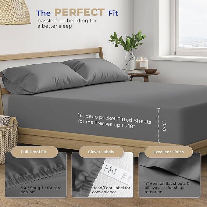 THREAD SPREAD 2-Pack Queen Size Sheets Set - 400 Thread Count 100% Cotton Sateen Weave - Extra Soft, Breathable, Hotel Quality Cooling Sheets, 2 Sets of Queen Size Deep Pocket Bed Sheets (Dark Grey)
