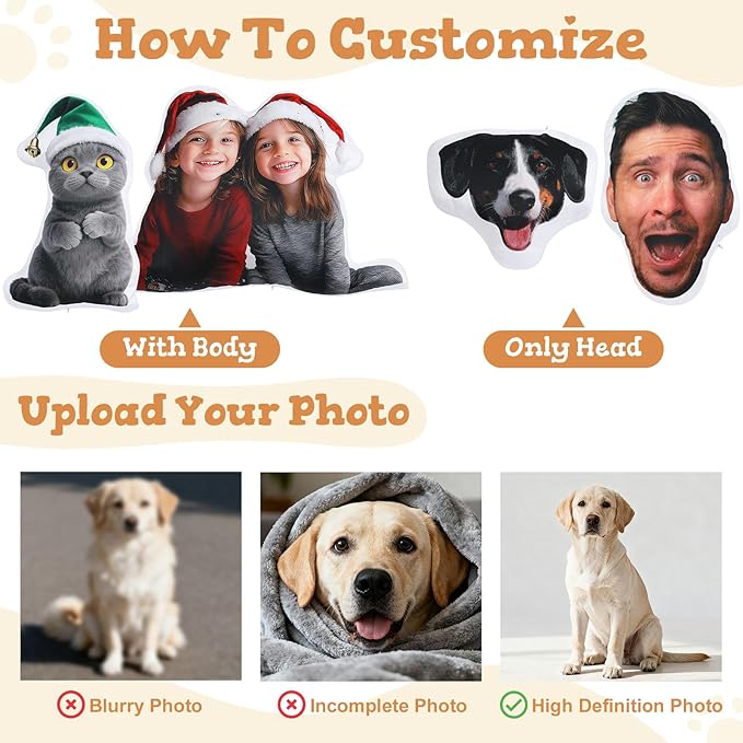 Custom4U Custom Pet Pillow with Picture Personalized Dog Face Pillow Double Side Print White Elephant Gifts for Adults (28inches)