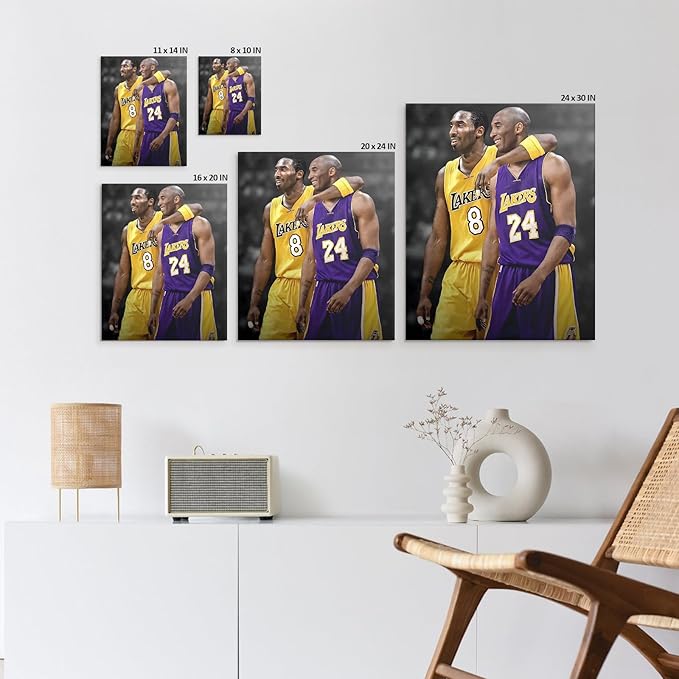 Kobe Bryant Canvas Wall Art Print Poster, Iconic Basketball Player Dual-Era Tribute Artwork, No. 8 and No. 24 Jersey Mamba Mentality Wall Decor for Home Gym Dorm Office Living Room, Framed 16x20inch