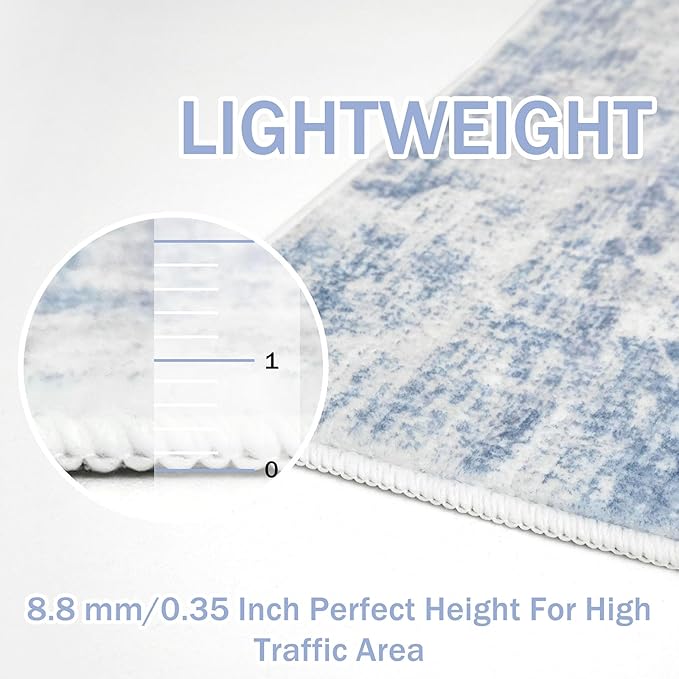 IOHOUZE Abstract Area Rug 4x6 Ft Washable Rugs for Entryway Indoor, Non Slip Small Living Room Rugs Printed Faux Wool Throw Rug, Floor Carpet for Kitchen Nursery Playroom, Light Blue White