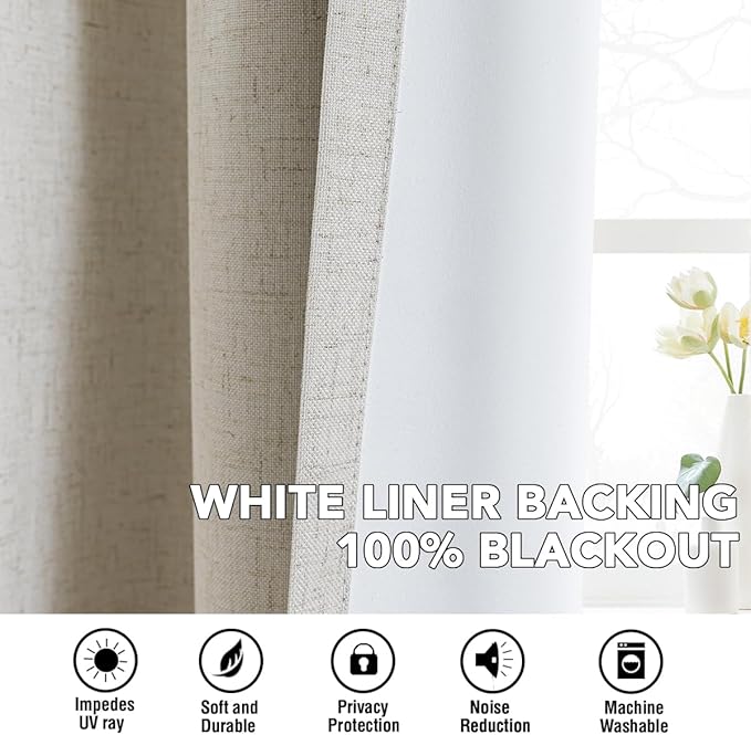 H.VERSAILTEX Linen Curtains 100% Blackout Curtains for Bedroom 54 inch Long Full Light Blocking Nature Linen Blended Window Curtains for Living Room Nickel Grommet (2 Panels, Heathered Linen)