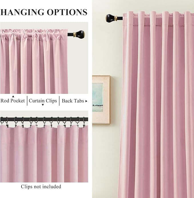 Baby Pink Velvet Curtains 108 Inches Long for Girls Room, Luxury Room Darkening Thermal Insulated Blackout Curtains Luxury Window Drapes for Bedroom, Back Tab Rod Pocket, W52 x L108, 2 Panels