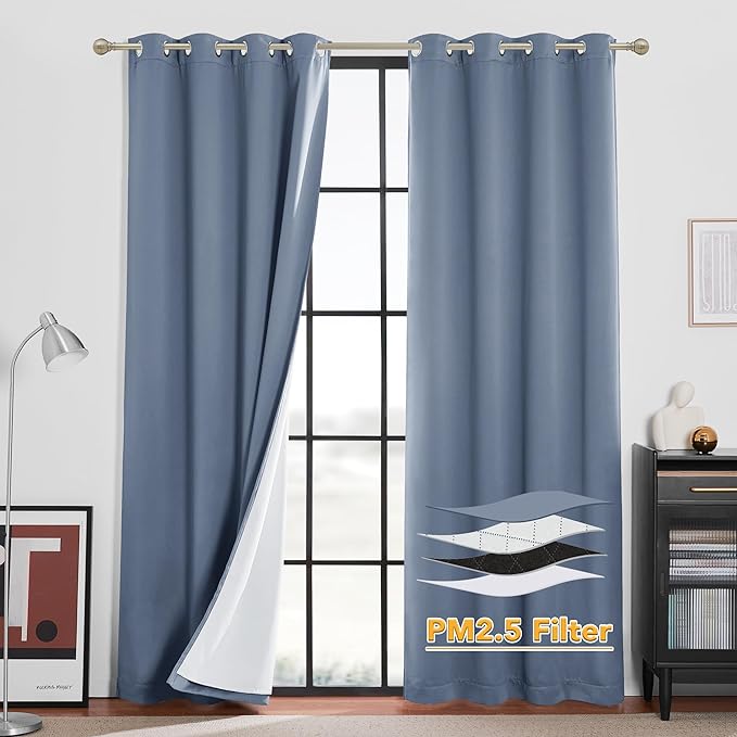 RYB HOME Soundproof & Dust Particle Filtering Curtains Blackout Window Treatment for Bedroom Living Room Divider Nursery Daytime Sleeping Patio Door, Stone Blue, W52 x L 102 inch, 2 Panels