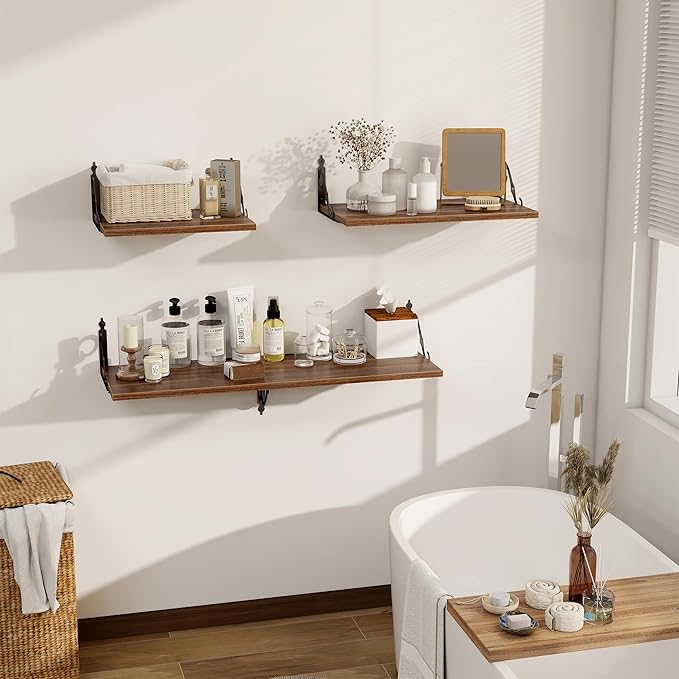 Dreamland Deep Floating Shelves, 55" W x 12" D Wall Shelves Set of 2, Wide Display Shelf Wall Mounted with Brackets, Bookshelf for Living Room, Bathroom, Bedroom, Walnut