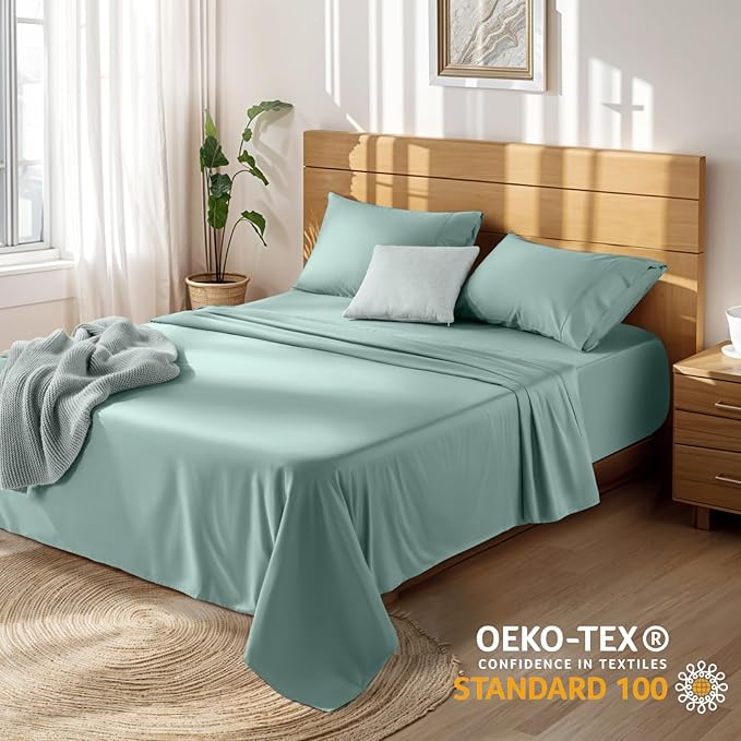 LBRO2M 100% Cotton Sheets Set Deep Pocket 19", 1000 Thread Count King Size 4 Piece Bed Sheet Sets Soft Comfortable Bedding All Season (King, Sage Green)
