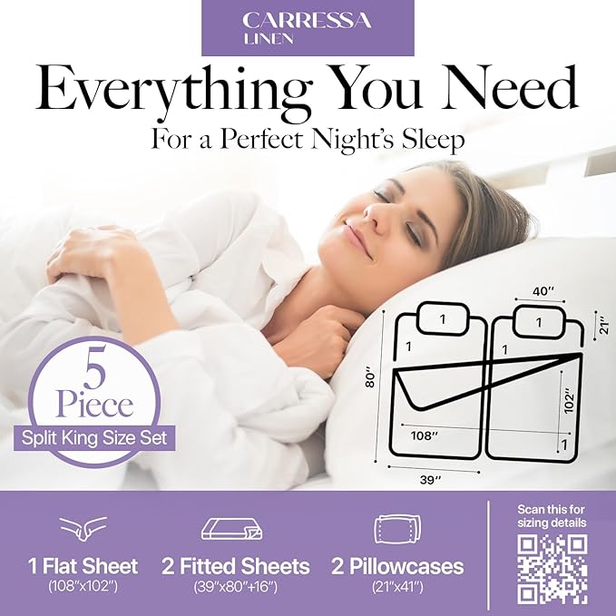 Carressa Linen Split King Sheets Sets for Adjustable Bed - 100% Egyptian Cotton 600 Thread Count 5 PC Top Split King Sheet Set (Dark Grey), 16" Deep Pocket Silky Soft Cooling Luxury Hotel Sheets