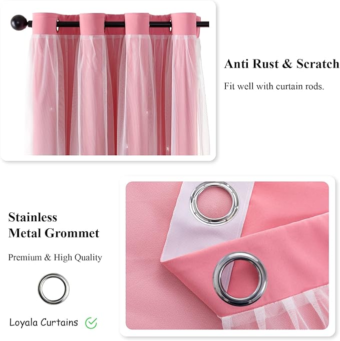 Star Curtains Double Layer Curtains Blackout Curtains for Bedroom Kids Cute 96 Inches Long 2 Panels Set, Pink, 42 X 96 Inches