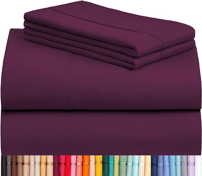 LuxClub 4 PC Queen Sheet Set, Deep Pockets Wrinkle Free Cooling Bed Sheets Hotel Bedding for Women, Men, Includes 1 Fitted Sheet, 1 Flat Sheet and 2 Pillowcases-Silky Soft Eggplant