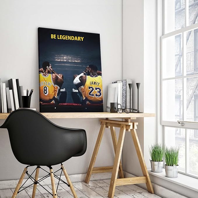 Kobe Bryant and LeBron James Canvas Wall Art Print Poster, Be Legendary Inspirational Sports Picture Artwork, Motivational Mamba Mentality Wall Decor for Home Office Gym Living Room, Framed 16x20inch