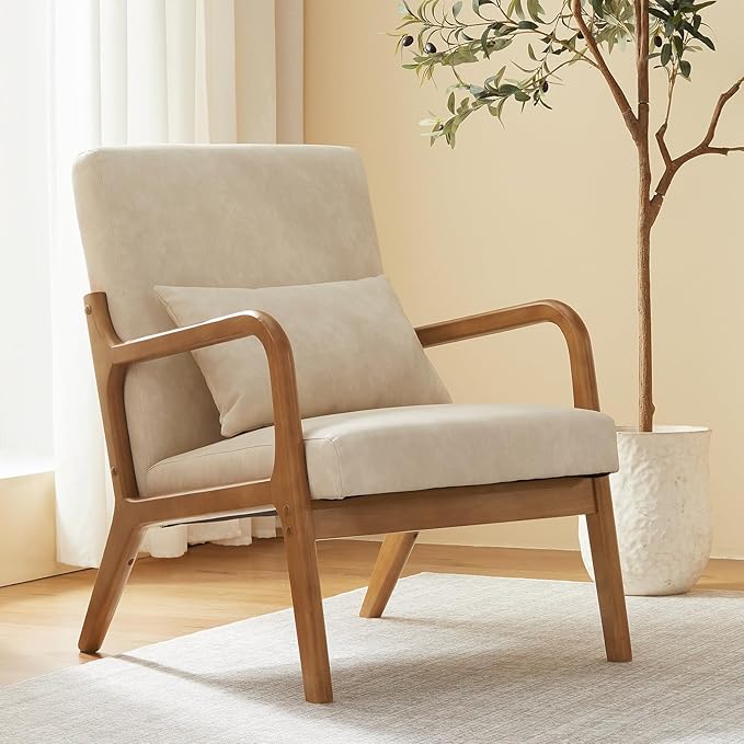 Accent Chair Mid Century Modern Armchair with Lumbar Support Pillow Wood Legs PU Leather Upholstered Lounge Chairs Comfy High Back Cushion for Living Room Bedroom