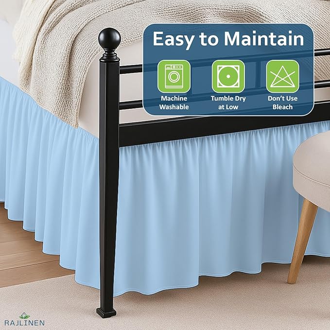 Rajlinen Ruffled Bed Skirt Queen, 10 Inch Drop Dust Ruffle with Split Corners, 100% Microfiber Bedskirt with Platform, Three-Sided Coverage Ruffled Gathering Design, Light Blue