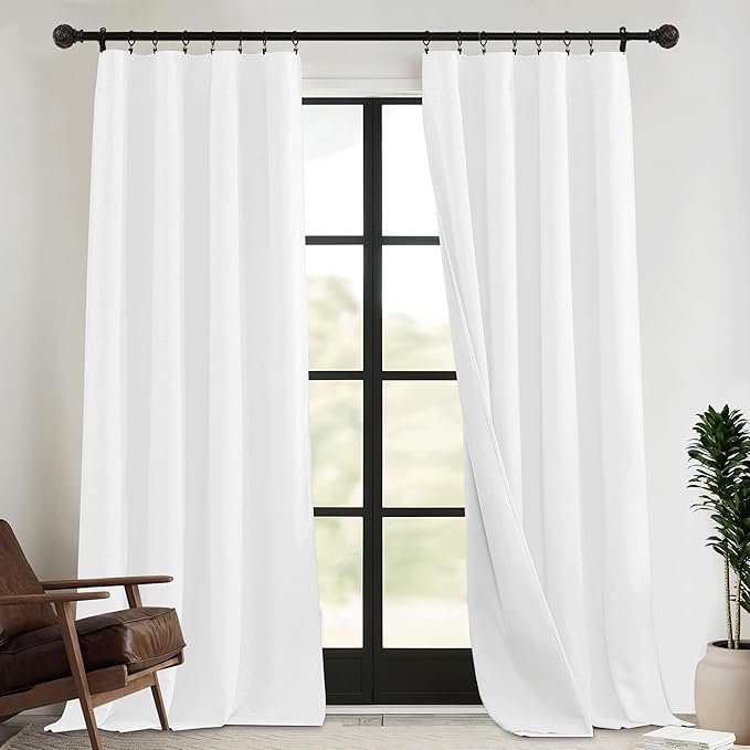 RYB HOME 4 in 1 Set Dust Filter - Soundproof - Blackout - Insulating, Energy Efficiency Linen Curtains for Kids Bedroom Living Room Divider Apartment Hotel Office Theatre, White, W 52 x L 95, 2 Pcs