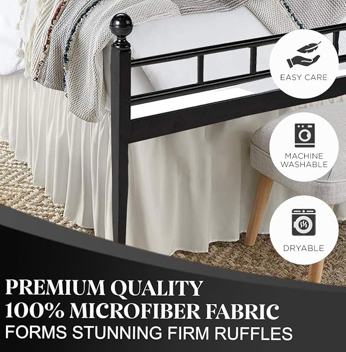 Ruffled Bed Skirt with Split Corners, Ivory, King 14 Inch Drop Bedskirt, Hotel Quality Brushed Microfiber Wrinkle Free Dust Ruffle Bed Skirt King Size
