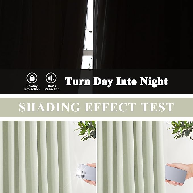 Vision Home Green Linen Full Blackout Curtains for Bedroom Living Room Darkening Soundproof Window Curtains 63 inch Thermal Insulated Rod Pocket Back Tab Rustic Drapes 2 Panels 56" Wx63 L