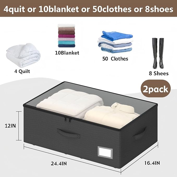 Underbed Storage With Wheels, No Assemble Required 12 inches Height Under bed Storage Bins,Large Capacity Rolling Shoe Storage Containers，Dorm clothes Storage