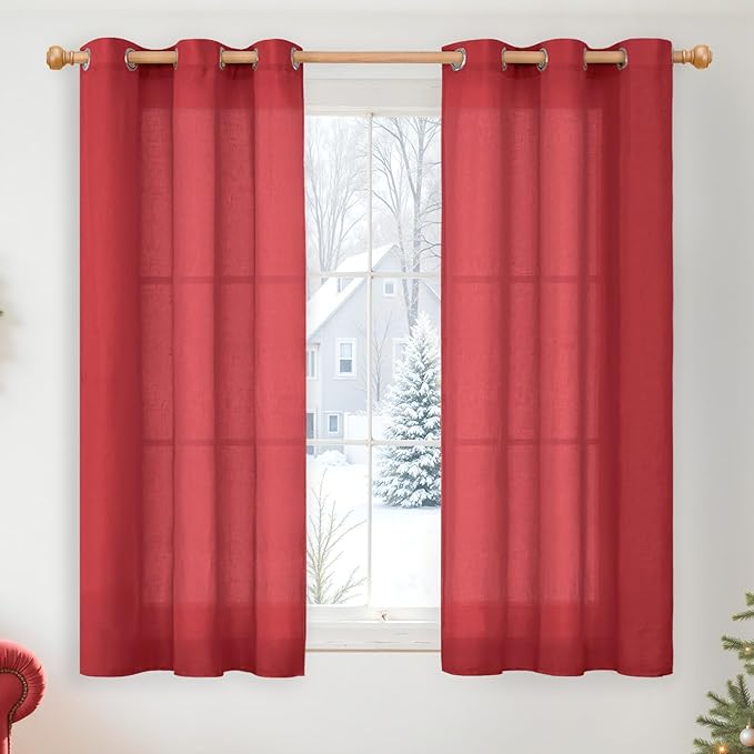 YoungsTex Red Linen Semi Sheer Curtains 48 Inch Length for Living Room Window, Light Filtering Drapes Privacy with Grommet Christmas Decor for Kitchen Bathroom Window, 2 Panels, 42 X 48 Inch