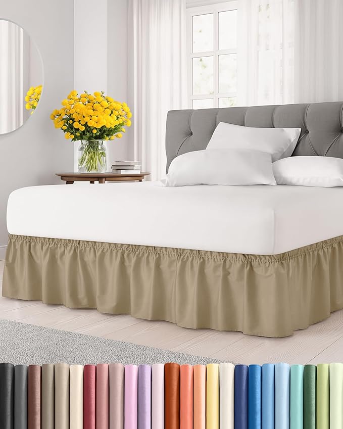 Wrap Around Dust Ruffle Bed Skirt - Beige - for King Size Beds with 15 Inch Drop - Easy Fit Elastic Strap - Adjustable Pleated Bedskirt w/Brushed Fabric - Wrinkle Free - for Women, Men, Kids & Teens