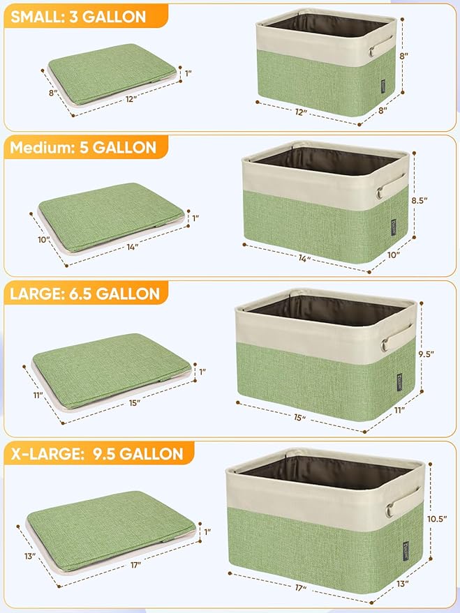BALEINE 3 Pack Fabric Storage Bins for Shelves, Linen Storage Baskets for Organizing, Decorative Closet Bins for Clothes, Home (Green, 12"x8"x8")