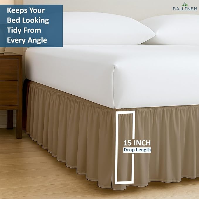 Rajlinen Ruffled Bed Skirt Twin XL, 15 Inch Drop Dust Ruffle with Split Corners, 100% Microfiber Bedskirt with Platform, Three-Sided Coverage Ruffled Gathering Design, Taupe