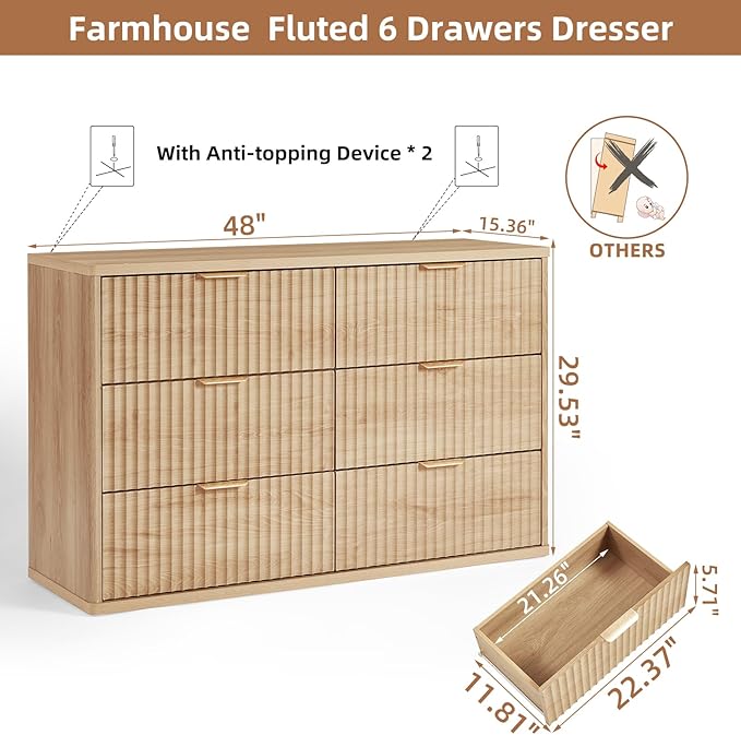 LEYAOYAO Fluted 6 Drawers Dresser Set of 2, 48" Wide Modern Chest of Drawers with Metal Handle, Natural Curved Profile Dresser TV Stand, Wooden Drawer Organizer for Bedroom, Living Room, Hallway