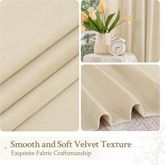 LAMIT Beige Velvet Curtains for Living Room 108 Inches Long, Elegant Thermal Insulated Room Darkening Drapes Noise Reducing Back Tab and Rod Pocket Panels for Bedroom, 2 Panels, 52 x 108 Inch
