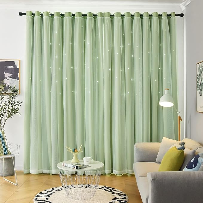 Star Double Layer Blackout Curtains for Bedroom, Kids - Cute, 96 Inches Long, 2 Panels Set, Green, 42 X 96 Inches