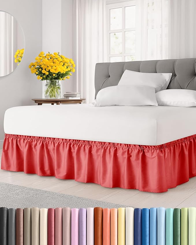Wrap Around Dust Ruffle Bed Skirt - Red - for Full Size Beds with 15 Inch Drop - Easy Fit Elastic Strap - Adjustable Pleated Bedskirt w/Brushed Fabric - Wrinkle Free - for Women, Men, Kids & Teens