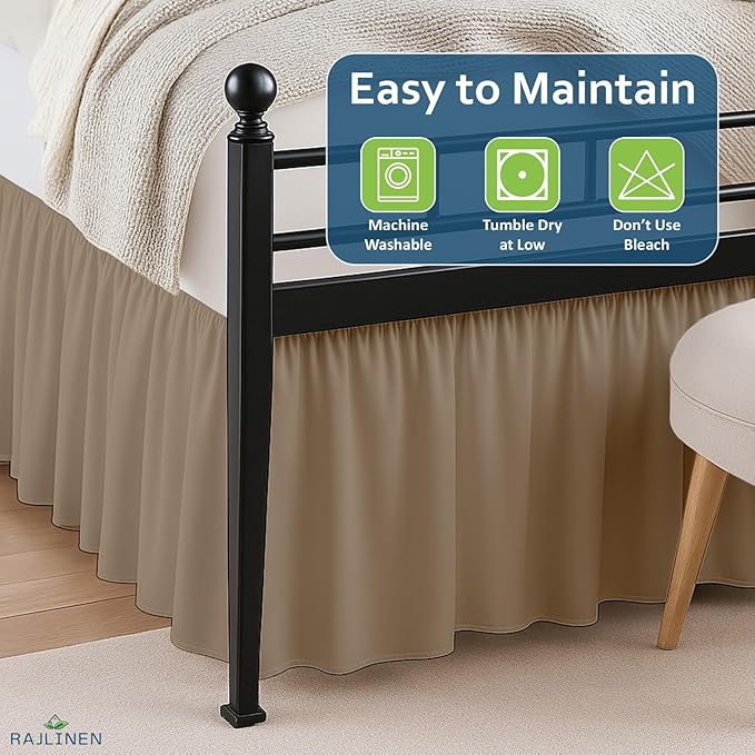 Rajlinen Ruffled Bed Skirt California King, 18 Inch Drop Dust Ruffle with Split Corners, 100% Microfiber Bedskirt with Platform, Three-Sided Coverage Ruffled Gathering Design, Taupe