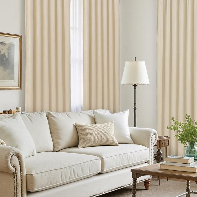 LAMIT Beige Velvet Curtains for Living Room 96 Inches Long, Elegant Thermal Panels Noise Reducing Back Tab and Rod Pocket Drapes for Bedroom/Farmhouse, 2 Panels, 52 x 96 Inch