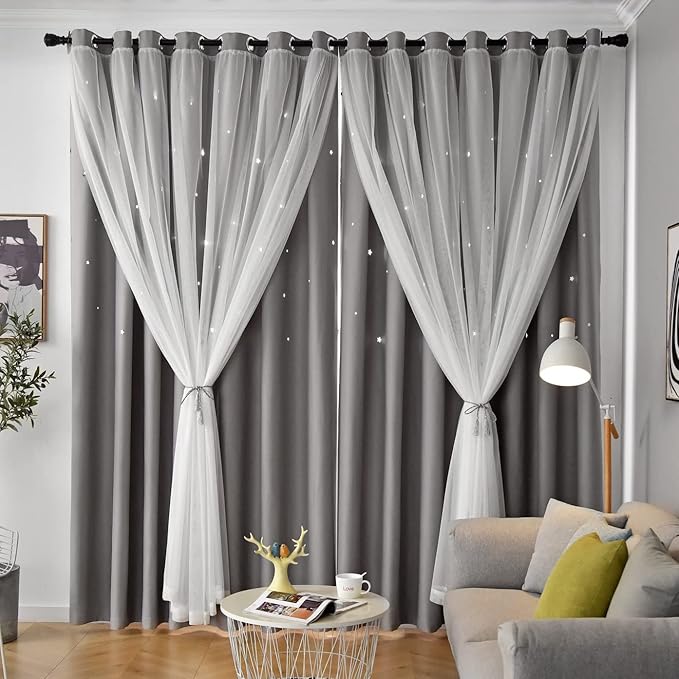 Star Blackout Curtains for Bedroom & Kids Room, Double Layer, 96 Inches Long, Grey