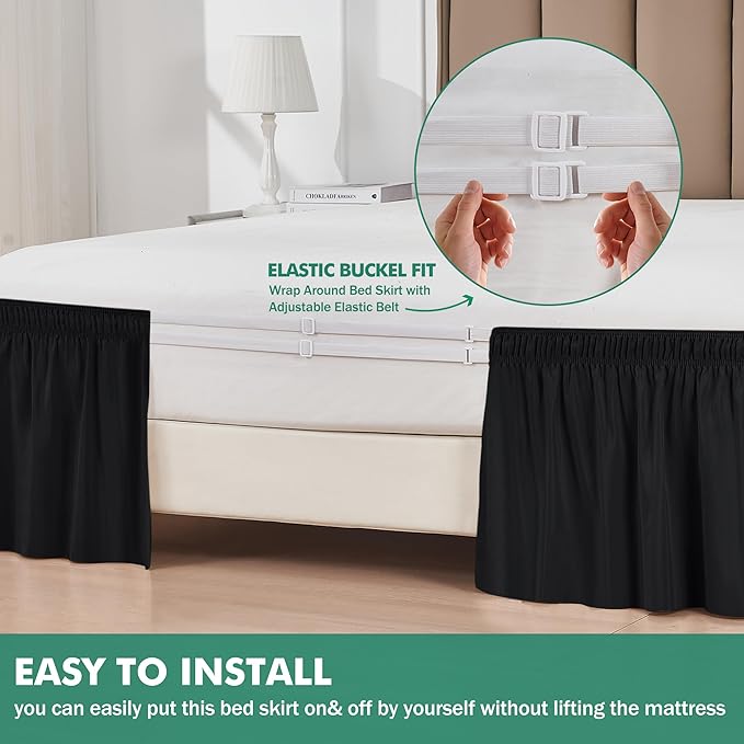 Biscaynebay Wrap Around Bed Skirts with Split Corners for Full Beds 18" Drop, Black Adjustable Elastic Dust Ruffles Easy Fit Wrinkle Resistant Silky Luxurious Fabric Machine Washable