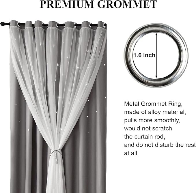 Star Blackout Curtains for Bedroom & Kids Room, Double Layer, 96 Inches Long, Grey